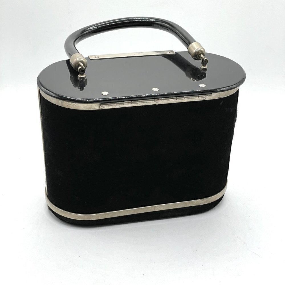 Vintage Black Velvet Hard Sided Box Oval Single Handle Hinged Evening Mini Bag - Picture 2 of 8